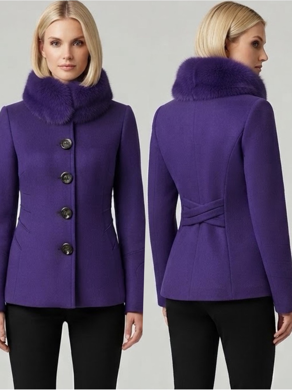 NWT WOMEN SHORT COAT DYED REAL FUR COLLAR WOOL LINED SINLE-BREASTED JACKET